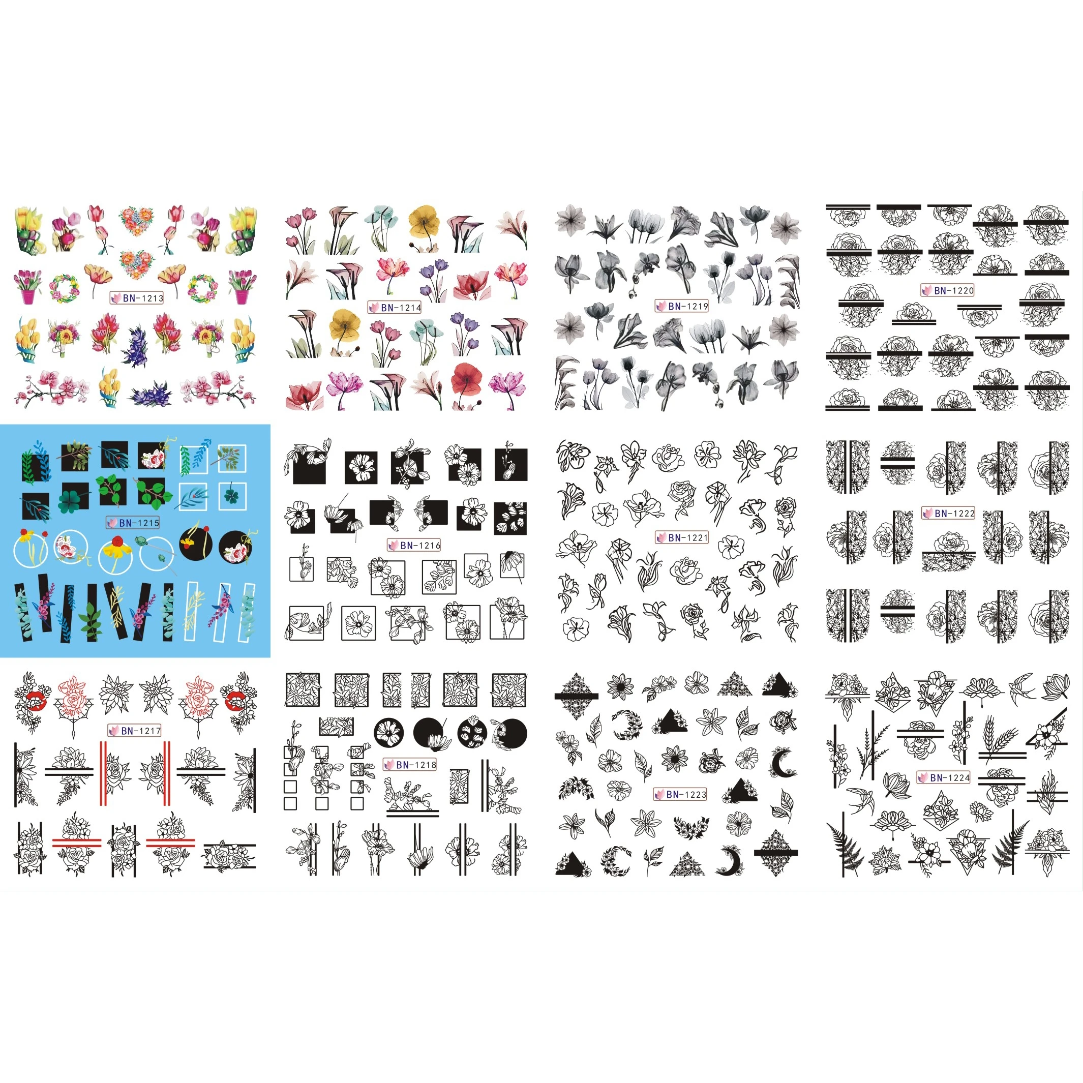 

UPRETTEGO 12 PACK/ LOT WATER DECAL NAIL ART NAIL STICKER BLACK WHITE X-RAY GEOMETRIC FLOWER PETALS LEAF BN1213-1224
