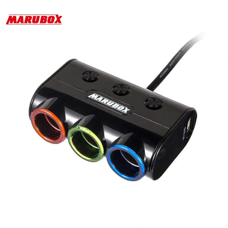 Marubox M11 Разветвитель пригуривателя в автомобиль 3 гнезда с 2USB 3.1A пригуривателя мощность 120 Ватт Длина кабеля 1 метр Отдельные кнопки вкл/выкл каждого прикуривателя качественный провод и пластик