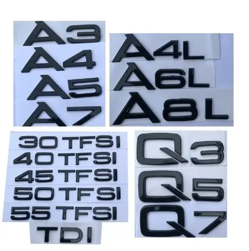 Глянцевый блеск черный задний багажник Буквы Знак Эмблемы для Audi A3 A4 A5 A6 A7 A8 A4L A6L A8L Q3 Q5 Q7 35, 40 45 50 55 TFSI