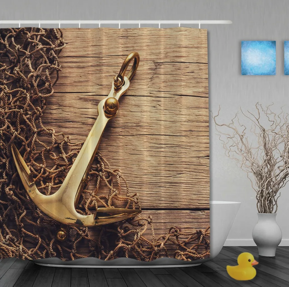 Nautical Metallic Anchor On Rustic Wood Shower Curtains Waterproof