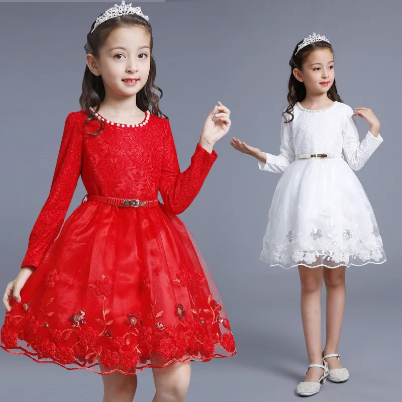 

2019 Girls Dresses Long Sleeve Party Dress for Girls 4 to 12 Years Floral White Red Lace Princess Dresses Children Costume 33T7A