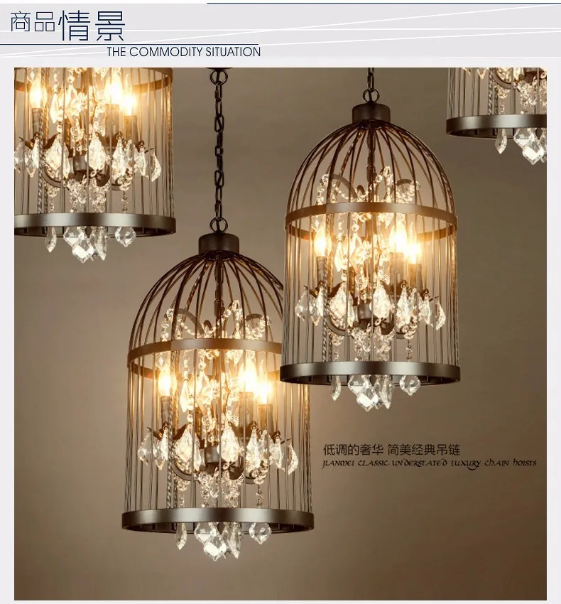Best American Village industrial loft style retro iron crystal  Birdcage pendant lamp D35*H60CM 0
