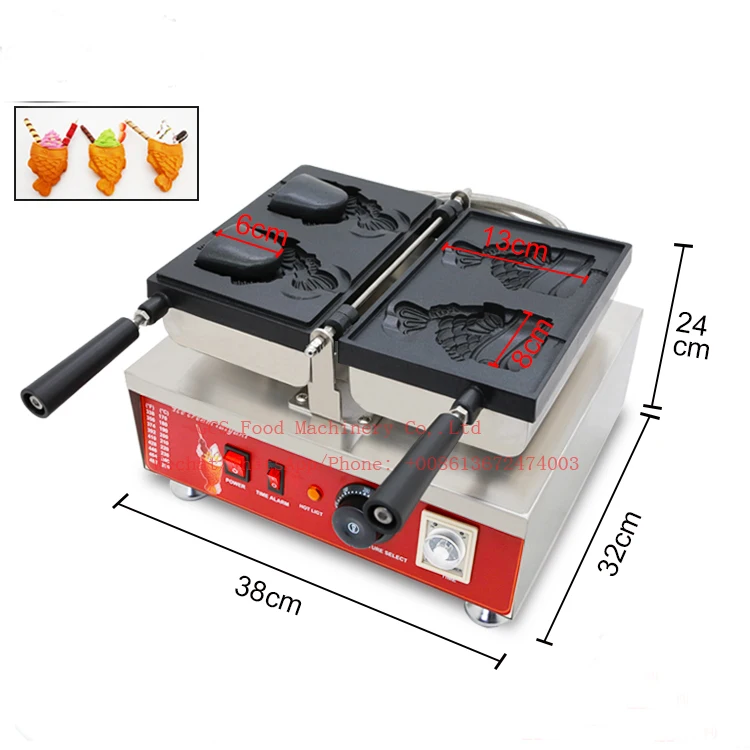 

Free shipping 110V/220V Ice Cream Taiyaki Machine 2 pcs/plate Fish Cone Maker