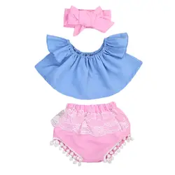 Pudcoco/Джинсовая блузка с открытыми плечами для новорожденных девочек; топы; кружевные шорты с помпонами; повязка на голову; комплект из 3