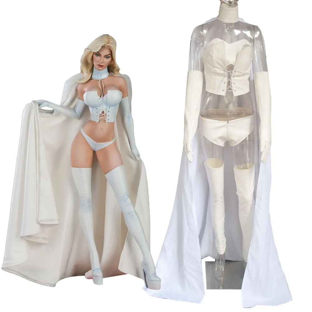 Marvel Comic White Queen Emma Frost Cosplay Costume White Corset Cloak with Wings Halloween Women Sexy Costume Custom Size