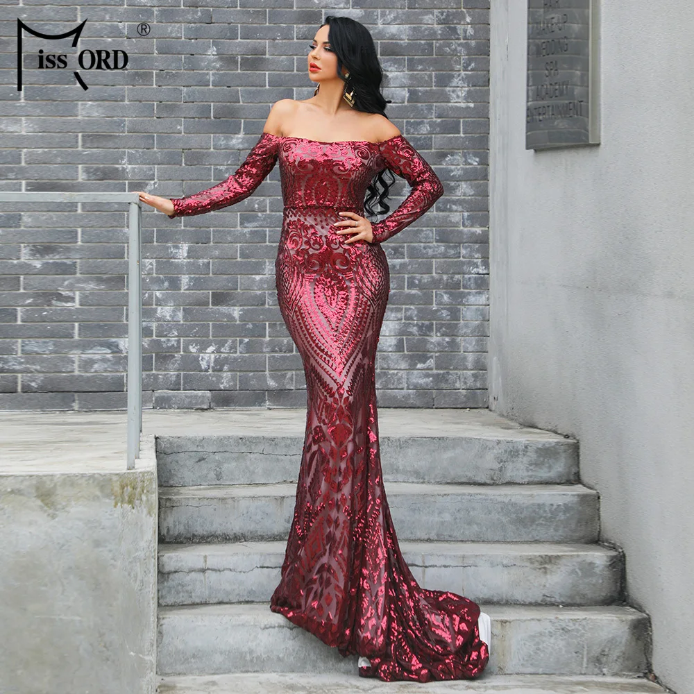 

Missord 2019 Women bra long sleeve Strapless Backless Dresses sequin Elegant evening Reflective party DressFT19202