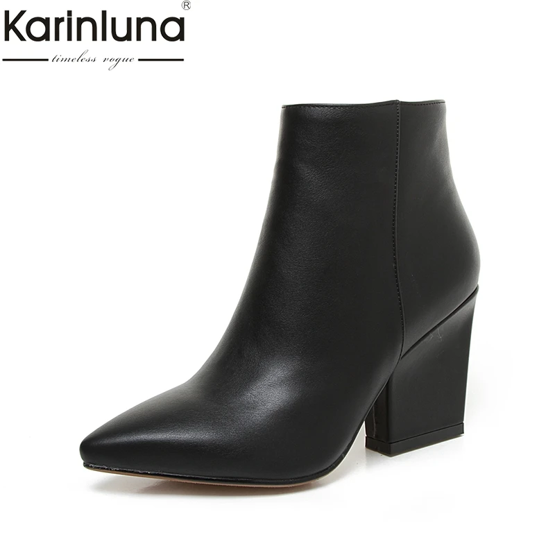 Achat KARINLUNA 2018 Plus Taille 32 43 Noir Bout Pointu Femmes Chaussures Femmes Mode Haute Talons Ajouter En Peluche Automne Hiver cheville Bottes Femmes