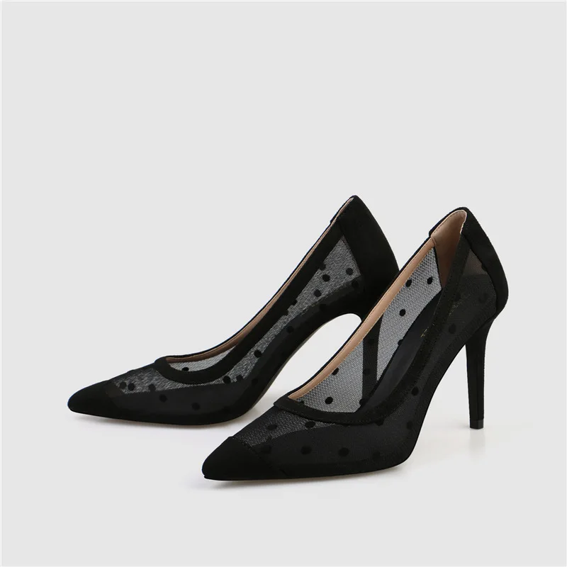 

2019 autumn new fashion simple solid color mesh high heels women retro style comfortable pointed toe fine heel casual high heels