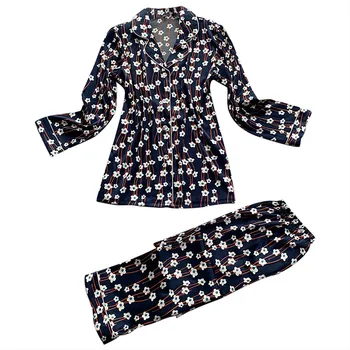 

Women Nightgown Nightshirt Nighty For Ladies Summer Sleepwear Long Sleeve Printed Nightwear Satin Top Pants Sets a0404