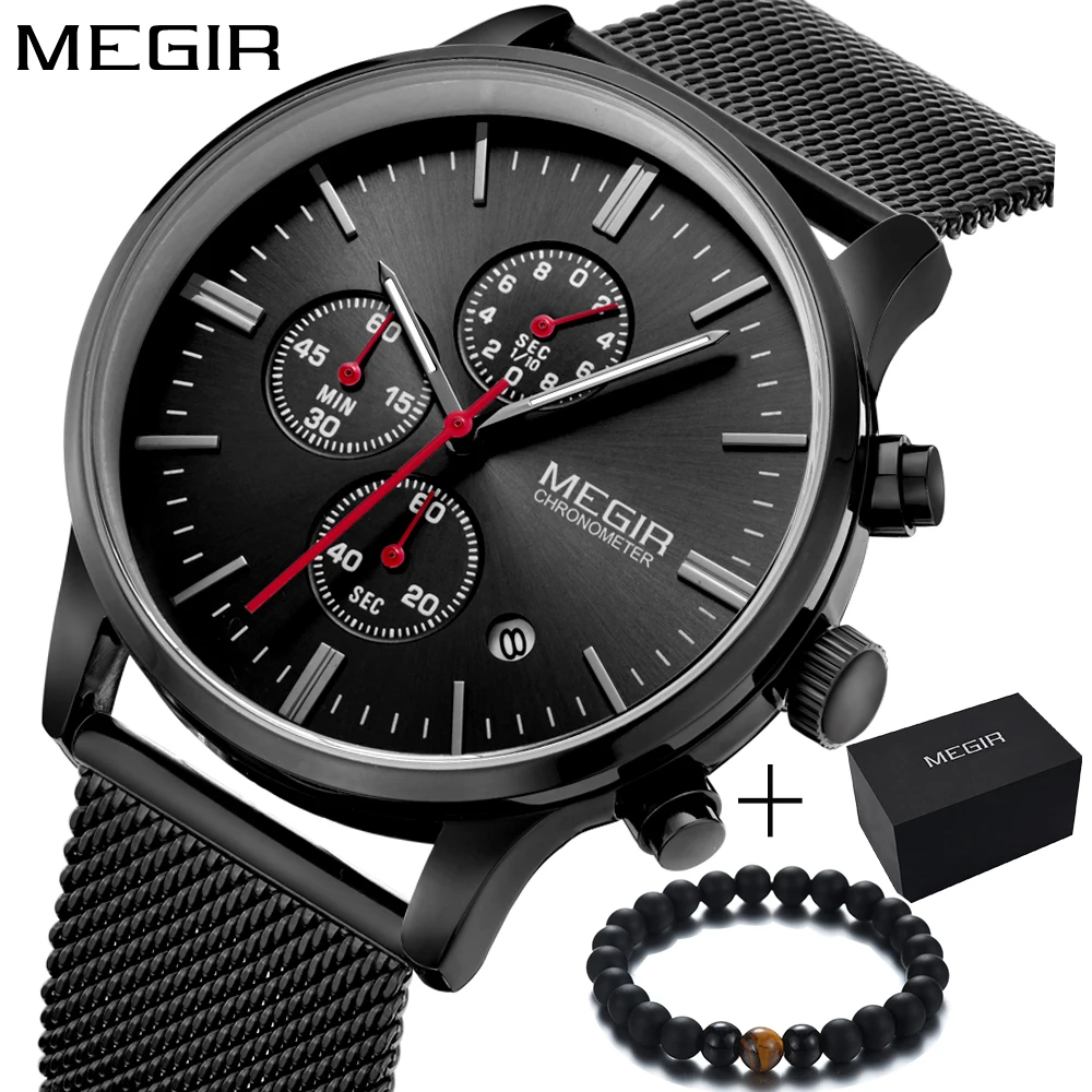 Vente Megir De Luxe Marque simple Mode sport CHRONOGRAPHE homme montre robe quartz montre hommes en acier maille bande montre bracelet des hommes horloge