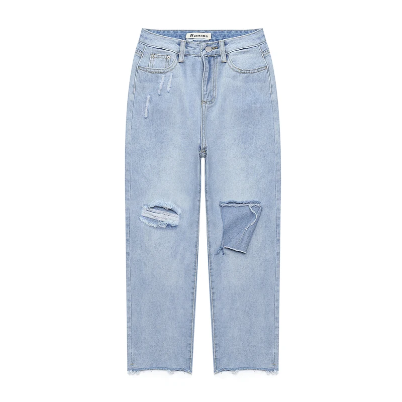 Coreano Sueltos Moda Nueva Rizado Denim Mujeres Las 2019 Marea Pantalones Azul De Estudiante Primavera Vaqueros Agujero 8Aqnzx1