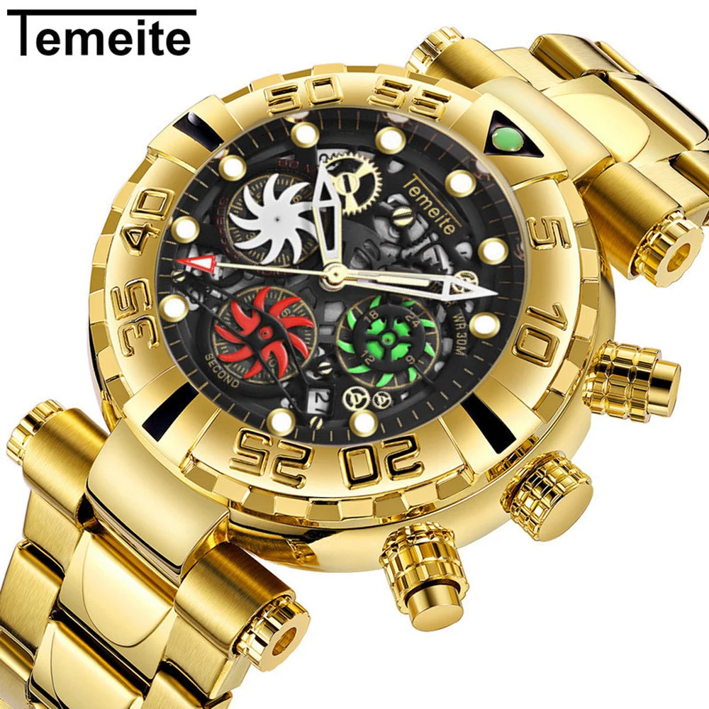 

Top Brand Temeite Luxury Fashion Business Mens Quartz Watch Men Golden Steel Waterproof Wristwatches Clock For Christmas Gift