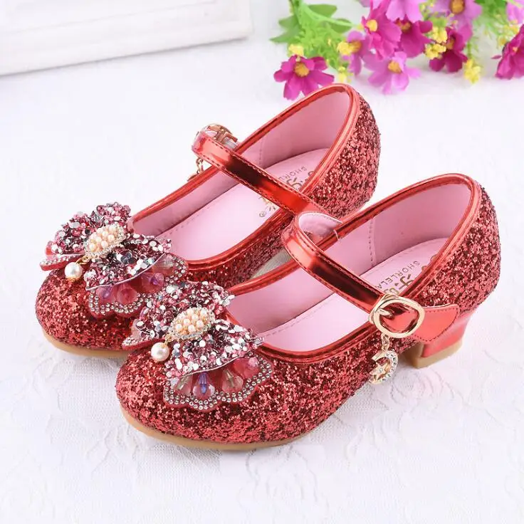Girls Leather Shoes For Kids Rhinestone High Heel Princess Shoes Girls