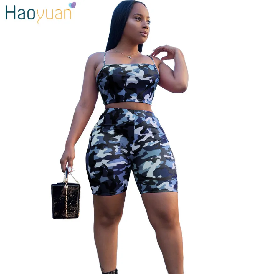 HAOYUAN التمويه طباعة اثنين من قطعة مجموعة المحاصيل أعلى و السائق السراويل زائد حجم عارضة بذلة رياضية رياضية 2 قطعة وتتسابق ل النساء
