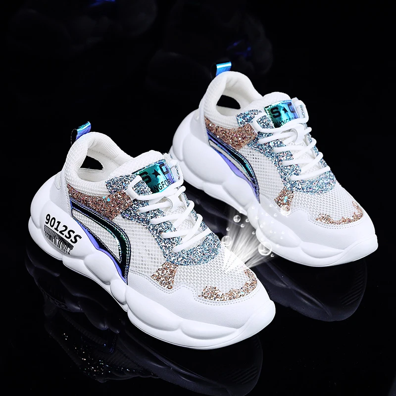 

Chunky Sneakers Women Flat Platform Shoes 2019 Summer Fashion Street Sneakers Lace-Up Ladies Glitter Shoes Chaussures Femme