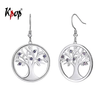 

Kpop 925 Sterling Silver Tree of Life Earrings Boho Gpsy Jewelry Rainbow Stone Family Tree Circle Hook Earrings for Women E6247