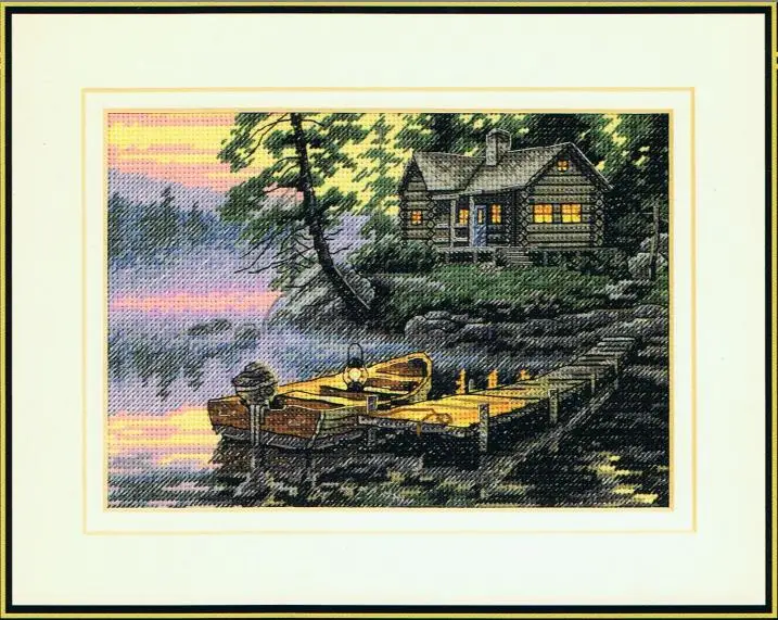 cs-2122 Cross Stitch Kit Morning Lake Village Boat Vessel House Cottage Home dim 65091