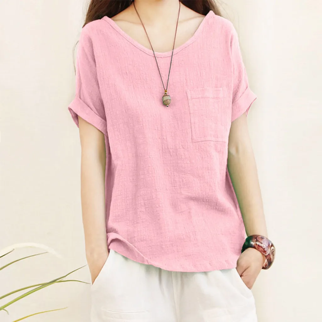 Женские летние топы с коротким рукавом и карманом из хлопка и льна, однотонные топы в Корейском стиле, roupas femininas#15 - Цвет: Pink