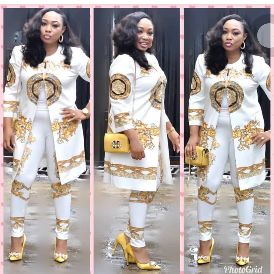 

Fashionable new African national style haute couture digital print full diamond sparkly coat with leggings pencil pants