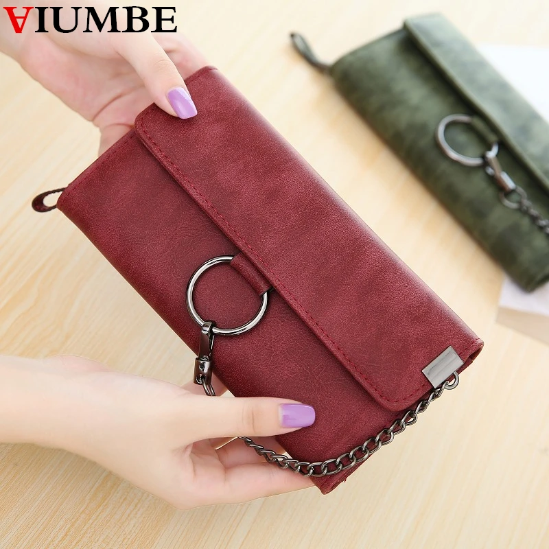 

Luxury Famous Brand Women Wallet Vintage Dull Polish Retro Leather HandBags Chain Rings Wallets Clutch bag Iphone7 8 Wallet Case