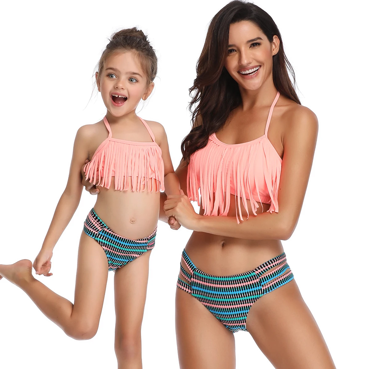 

Hot Sale Mommy And Me Halter Swimwear Fringe Solid Pink Bikini Set Family Matching Swimsuit Mother and Daughter Cut Out Swimsuit