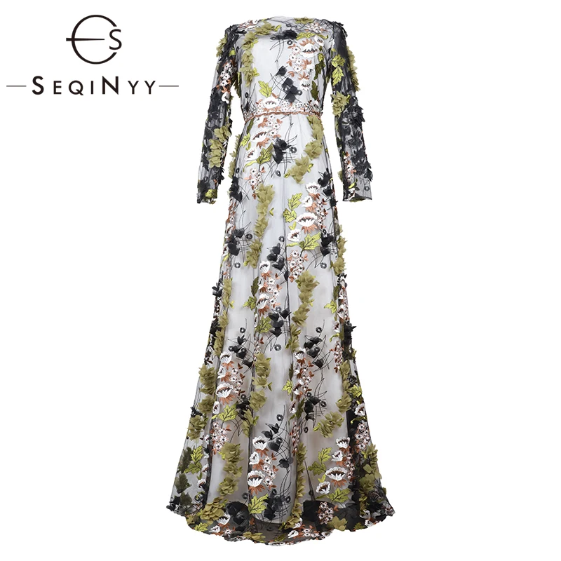 

SEQINYY Luxury Dress Embroidery Flowers Appliques 2019 Summer Spring High Quality Mesh Translucent A-line Maxi Elegant Dress