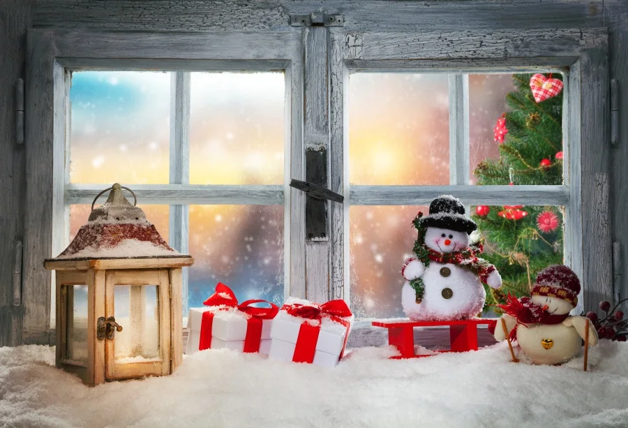 Laeacco Winter Backdrops Christmas Window Sill Snowman Gift Lantern