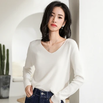 

White Sweaters Women Winter 2019 Autumn Sweater Knitted Fashion Solid Color Sweater Tops V-neck Pullover Jumper Pull Femme S-XXL