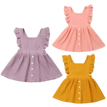 

3M-3Y Lovely Infant Kids Baby Girl Ruffles Sleeve Back Cross Solid Color A-line Cotton Dress Sundress Clothes
