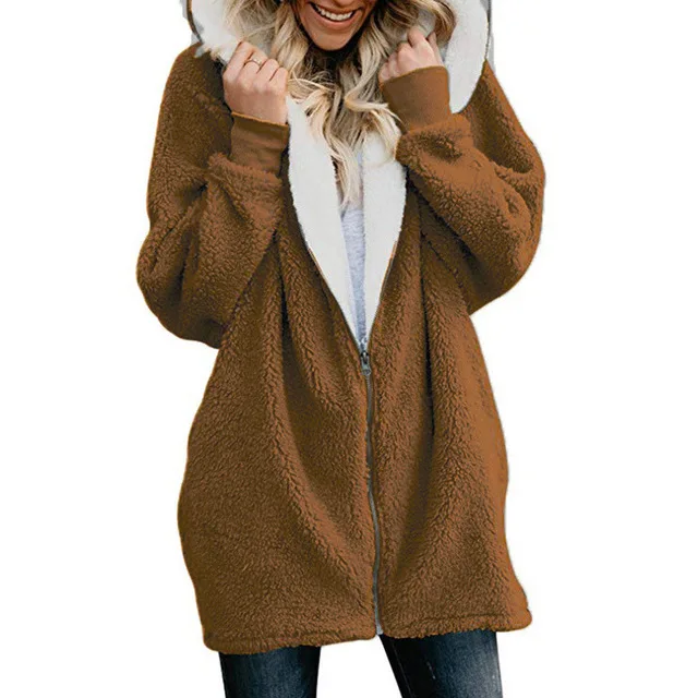 Plus Size Long Maternity Hooded Winter Plush Custom Warm Hoodie Maternity Wear Hoodie Zipper for Girl Pregnant Woman Clothing - Цвет: Brown