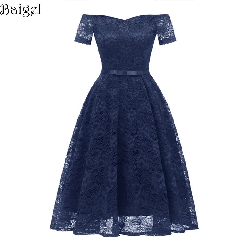Women Short Sleeve Floral Lace Sexy Dress Off the Shoulder Wedding Party Dress Bridesmaid Robes Rockabilly Vintage Dress  (3)