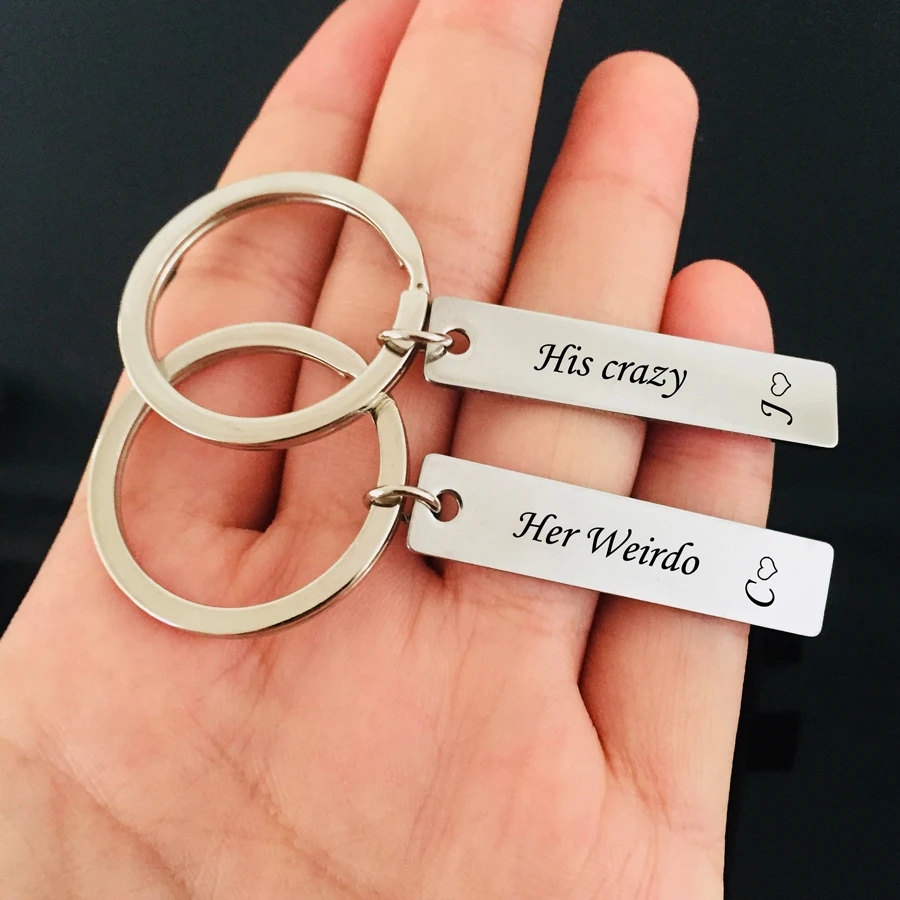 

2PC Customized Name Initial Letter Engraved Her Weirdo His Crazy Stainless Keyring For Couples Boyfriend Valentine Gift Keychain