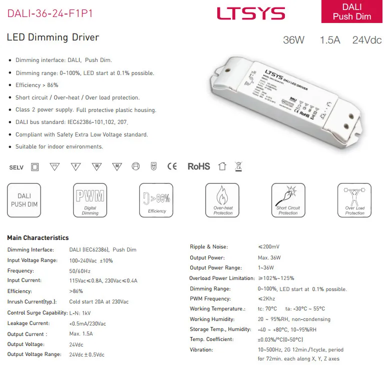 DALI-36-24-F1P1 DALI Диммируемый драйвер светодиодов AC 100 V-240 V вход переменного тока 24 V 1.5A 36 Вт выход с цифровым адресным интерфейсом пуш-ап Dim LTECH постоянный ток питания со светодиодом