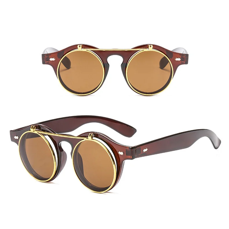 Psacss круглые солнцезащитные очки в стиле стимпанк для женщин и мужчин с откидной линзой винтажные брендовые дизайнерские женские ретро солнцезащитные очки UV400 gafas de sol mujer - Цвет линз: ATDLS8008-4