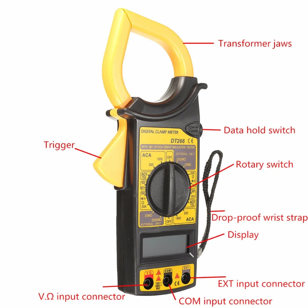 DT266 LCD Digital Clamp Multimeter Clamp Meter AC/DC Current Voltage Tester Measuring Tools with Test Cable