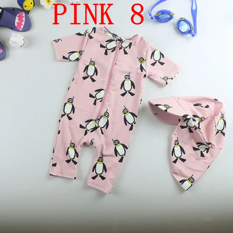 Одежда для купания для маленьких девочек; цельнокроеный купальный костюм с принтом пингвина+ шапочка с защитой от УФ-лучей; детский купальный костюм; пляжная одежда - Цвет: PINK 8