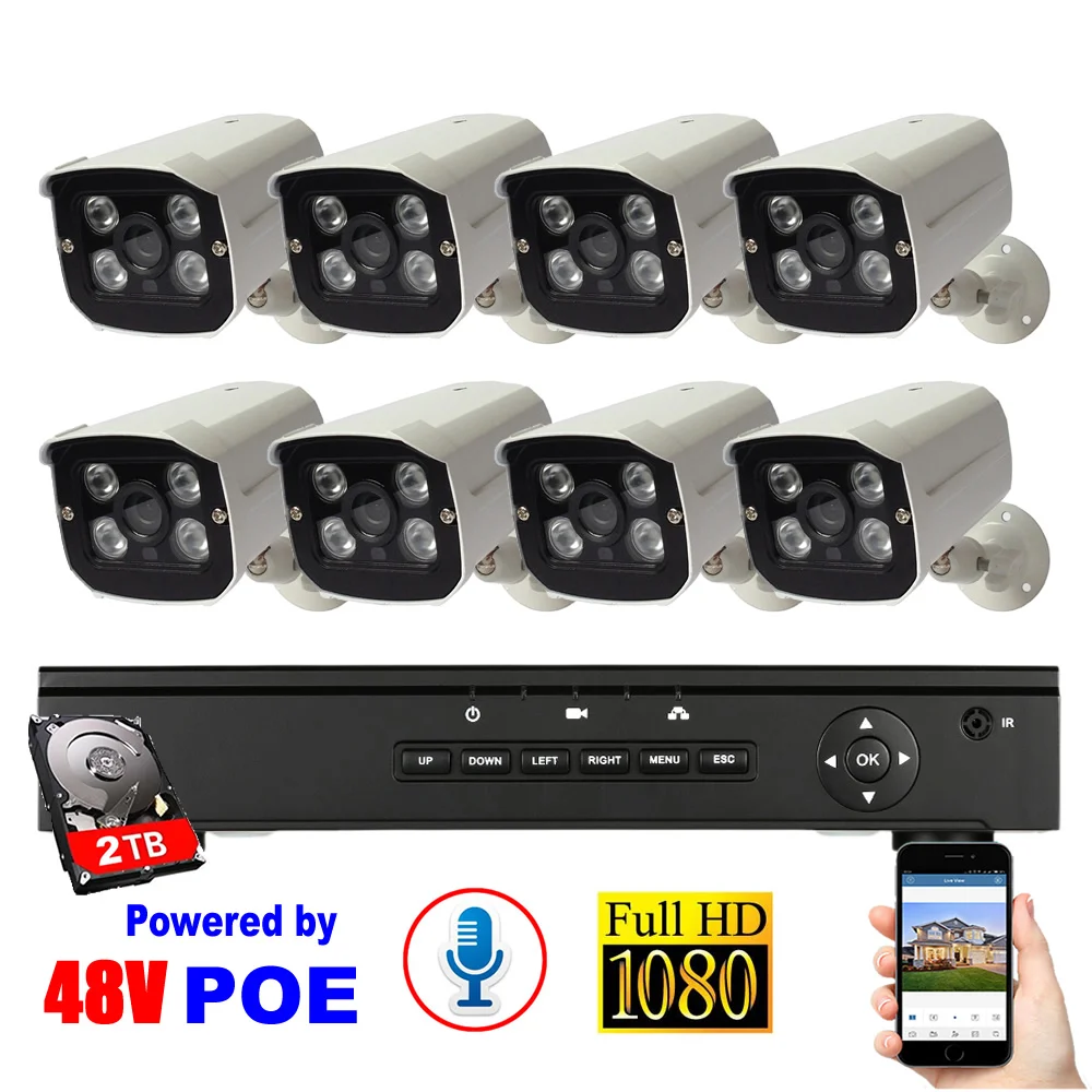 

Voice Recording+Waterproof+Night Vision+2TB HDD 8CH Security System 48V POE IP Camera 1080P Surveillance System NVR Kit