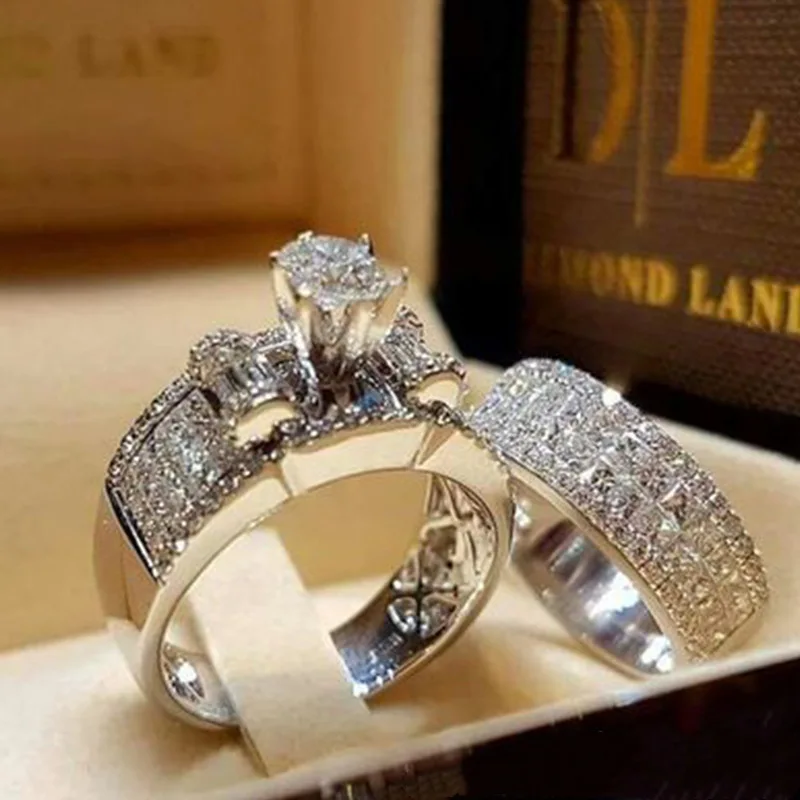 

Boho Women Crystal White Round Ring Set Brand Luxury Promise Silver Engagement Ring Vintage Bridal Wedding Rings for lady