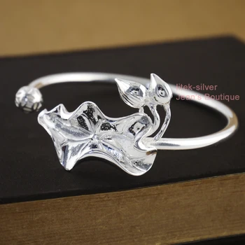 

999 Sterling Silver Lotus Flower Leaf Zen Yoga Cuff Bracelet Bangle 21g A2464