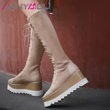ANNYMOLI Autumn Knee High Boots Women Natural Genuine Leather Platform Wedge High Heel Long Boots Square Toe Shoes Female Winter woman genuine leather platform square heel knee high boots round toe side zipper dress winter boots black