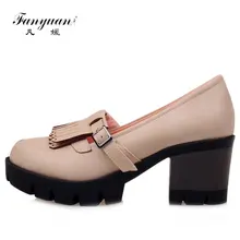 Fanyuan/популярные женские туфли-лодочки на среднем толстом каблуке без застежки тонкие туфли женские туфли-лодочки с бахромой на платформе с круглым носком и пряжкой, большие размеры 33-43