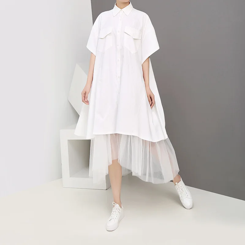 

[YaLee] New Fashion 2019 Summer lapel short sleeve single breasted pockets stitching mesh hem large size dress women A229