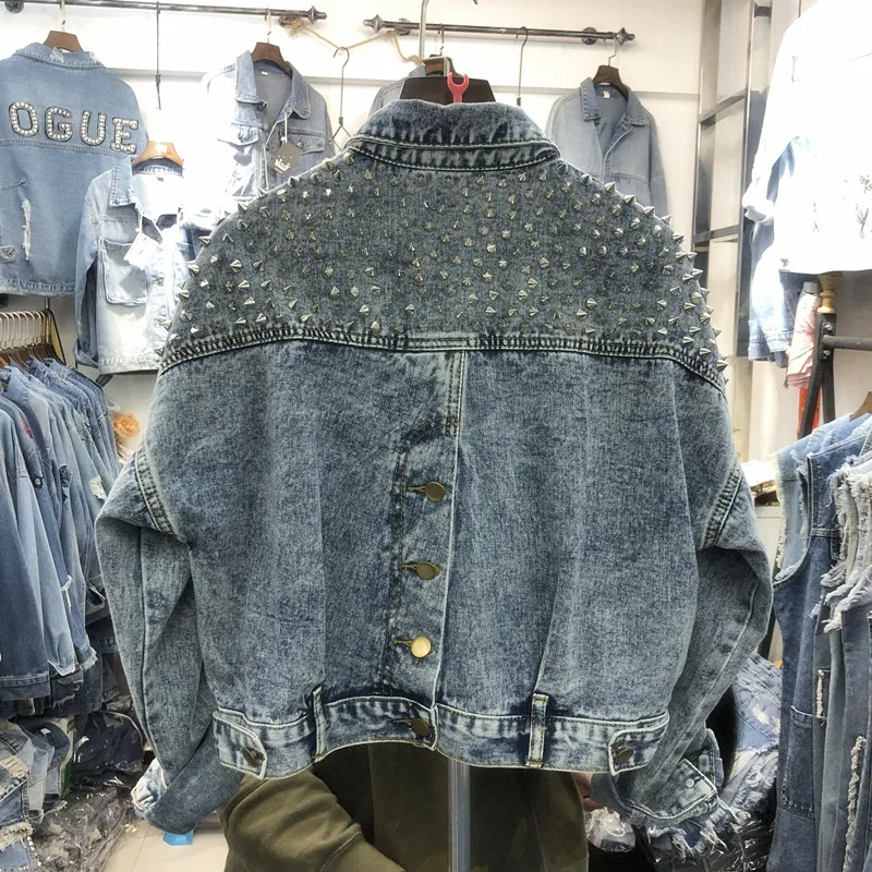 

YingYuanFang Fashion new loose student heavy work handmade nail drill denim jacket