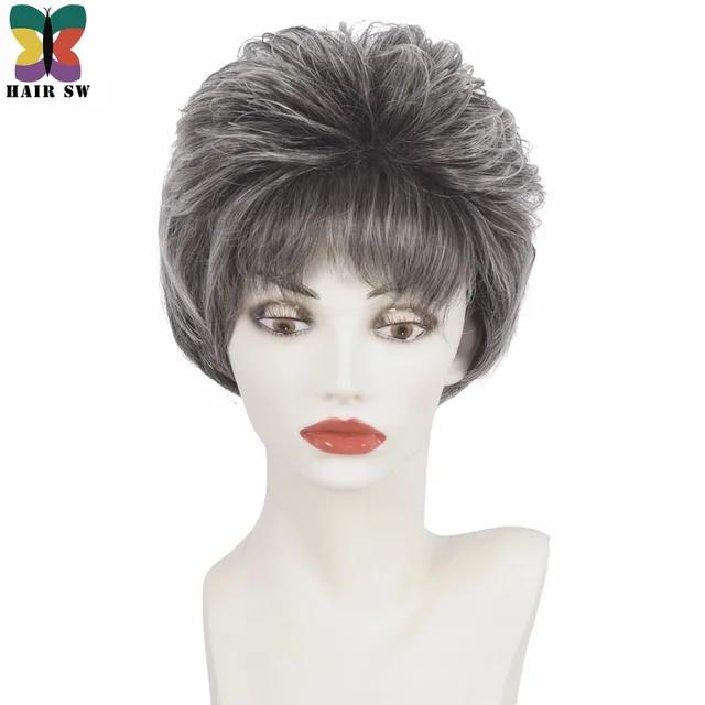 hair sw short straight pixie cut layered wig silver gray fluffy