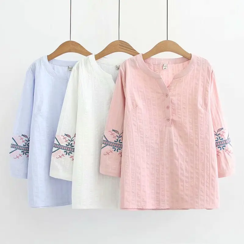 Весна лето новый национальный стиль вышивка маленький v-образный вырез семь точек рукава большого размера Женская рубашка три цвета