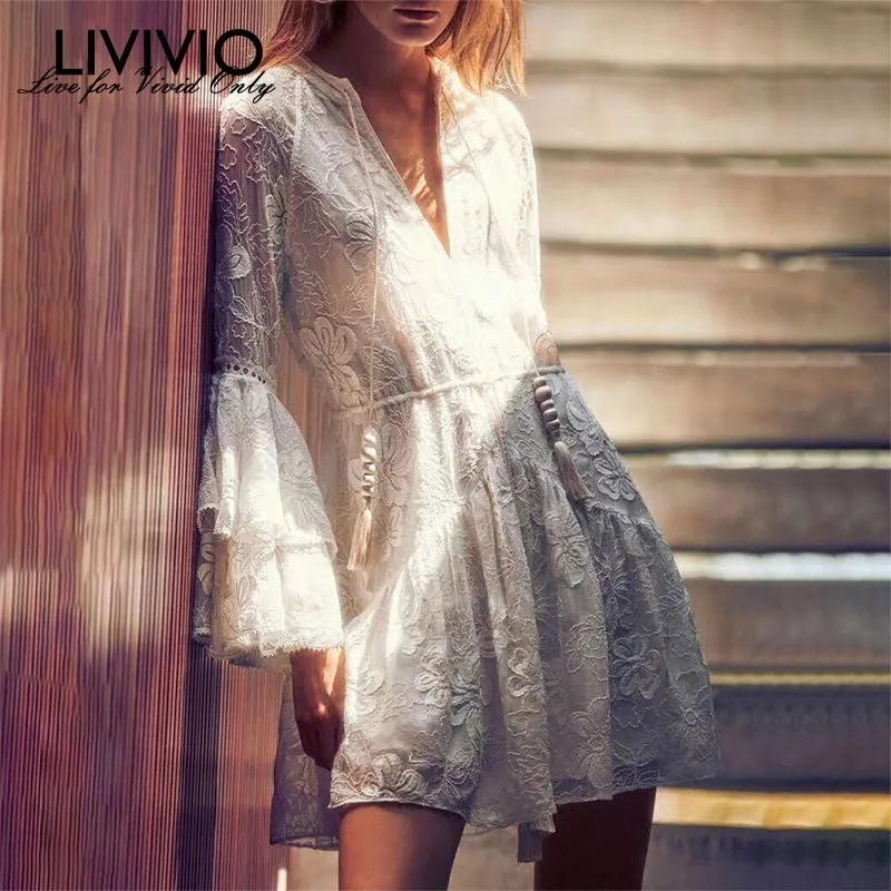 

[LIVIVIO] Elegant White Embroidery Women Dress V Neck Flare Sleeve High Waist Tassel Patchwork Mini Dresses Female Fashion