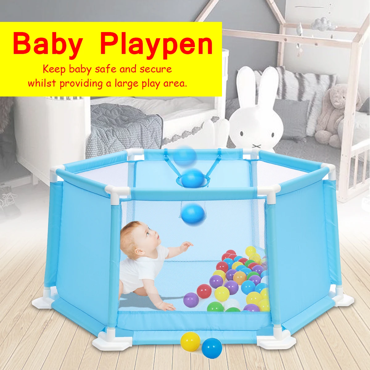 Play Center Yard Fence+50Pcs Balls Baby Playpen Kids 6 Panel Safety Protection 110x49x51cm Integrated Rubberised Feet Convenient