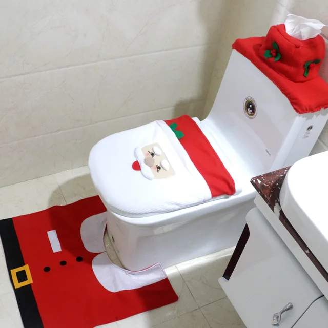 SWAMPLAND 3pcs Set Soft And Comfortable Toilet Seat Cover Mat Rug Lovely Santa Claus Snowman