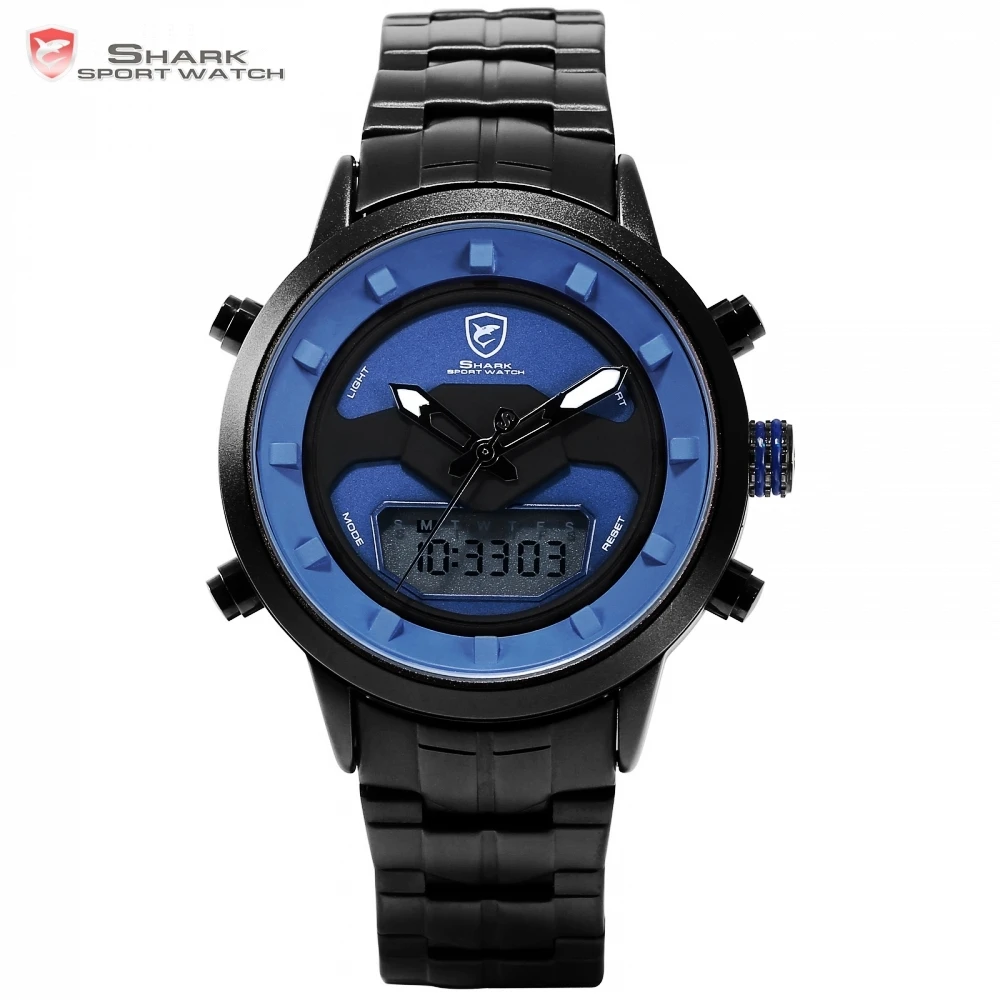 

Requiem Shark Sport Watch Blue Double Time Calendar Alarm Chrono Digital Waterproof Steel Strap Quartz Men Watches Relogio/SH554