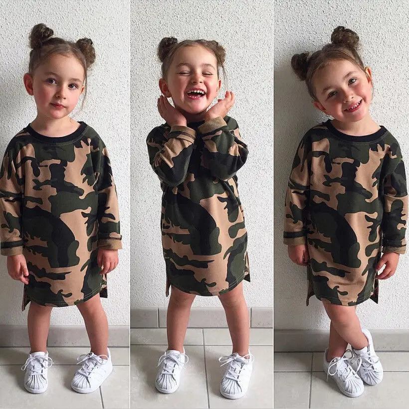 

Kids Baby Girls Clothes Dress Camouflage Print Dress Long Sleeve Cotton Clothes 1-6Y